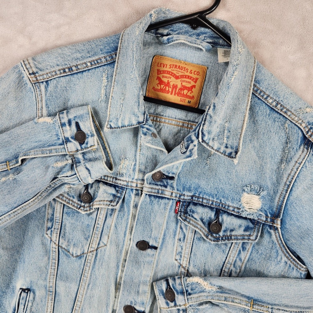 Levis Jacket Mens Medium Light Wash Denim Distressed Button Front‎ 72334-0300